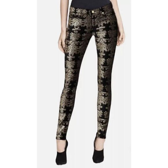 7 For All Mankind Velvet Black Gold Jacquard Mid Rise Skinny Jeans 24 - Picture 1 of 10